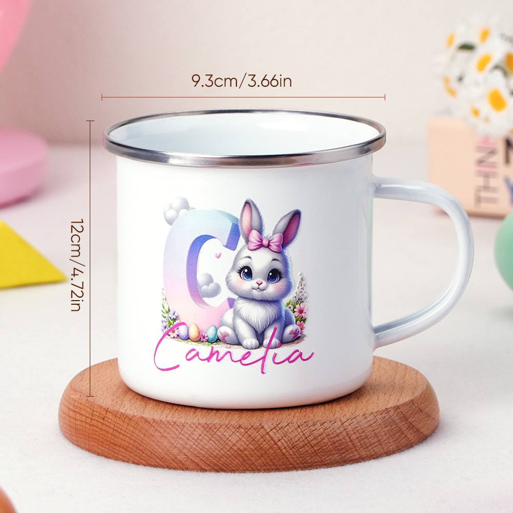 Personalized Easter Bunny Enamel Mug with Name Gradient Initial 12oz Cup Easter Gift for Kids