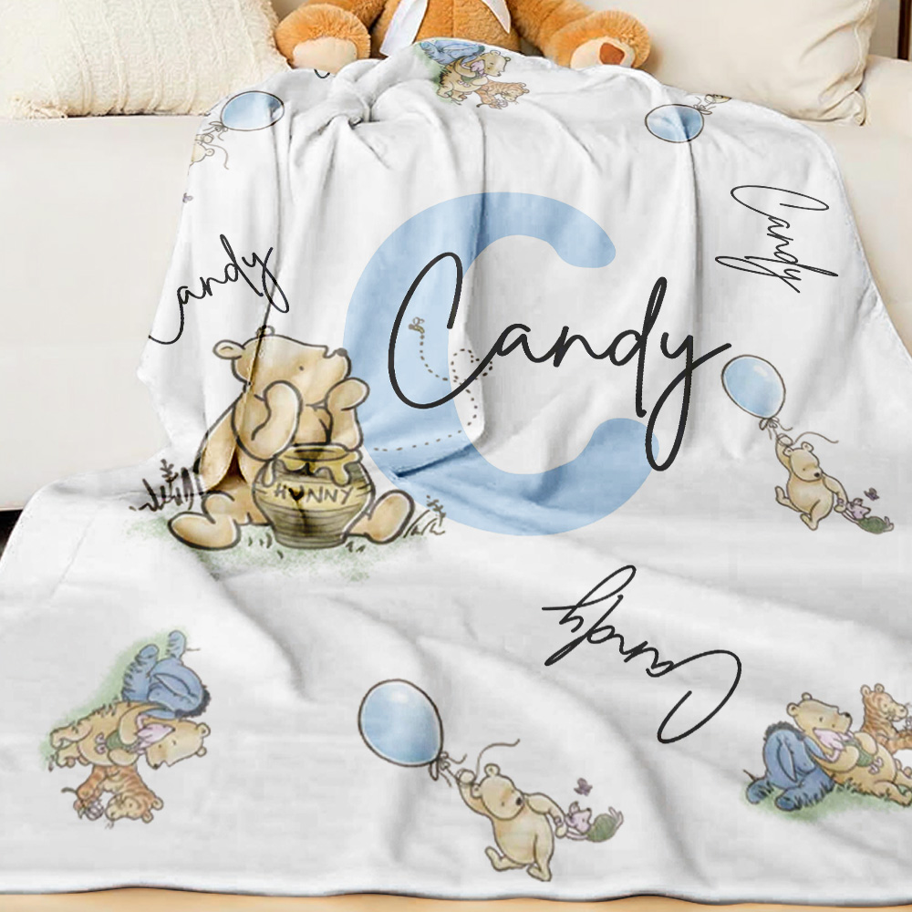 Personalized Winnie the Pooh Throw Blanket with Name Nursery Decor Birthday Baby Shower Gift for Kids