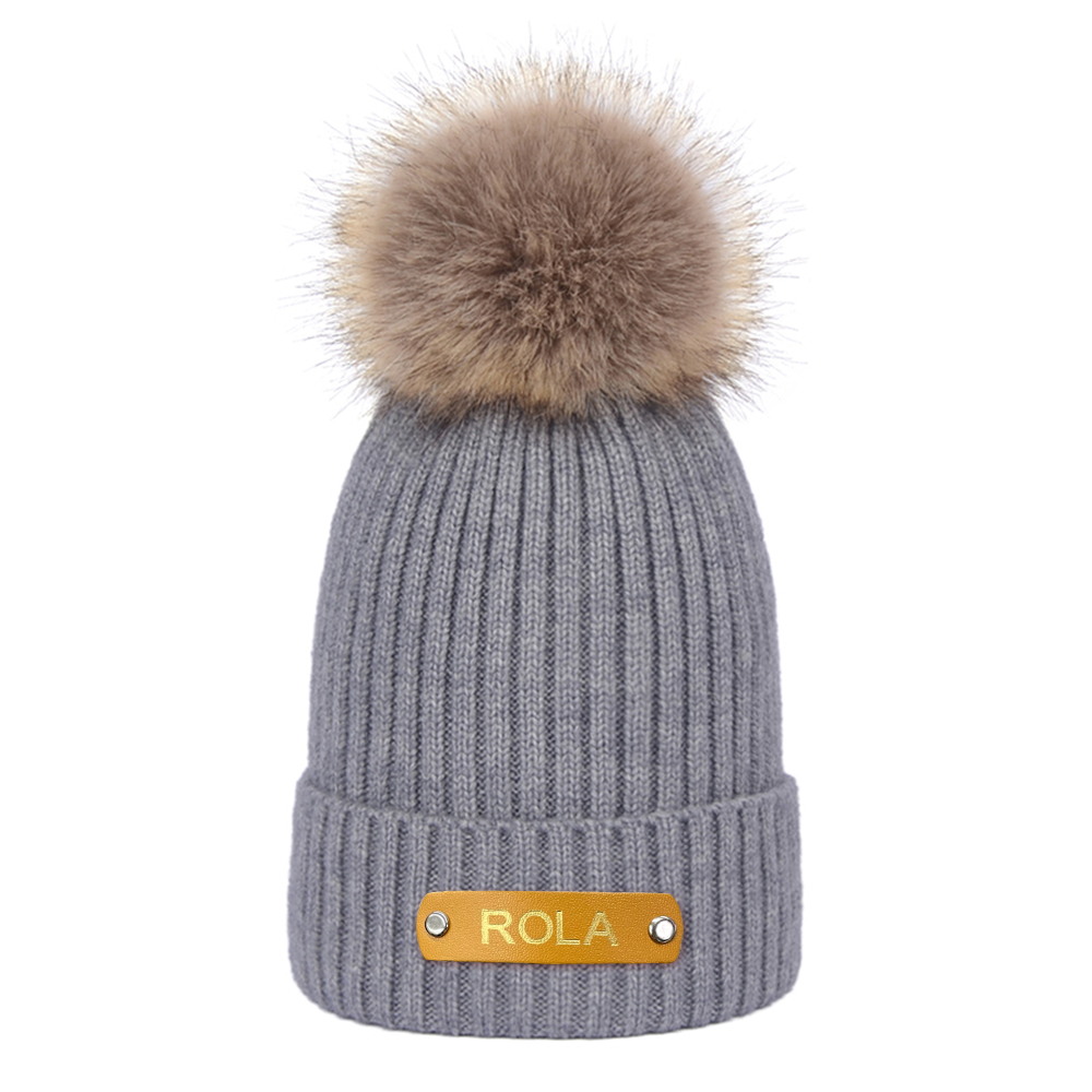 Personalized Leather Patch Beanie Custom Name Newborn Kids Winter Hat