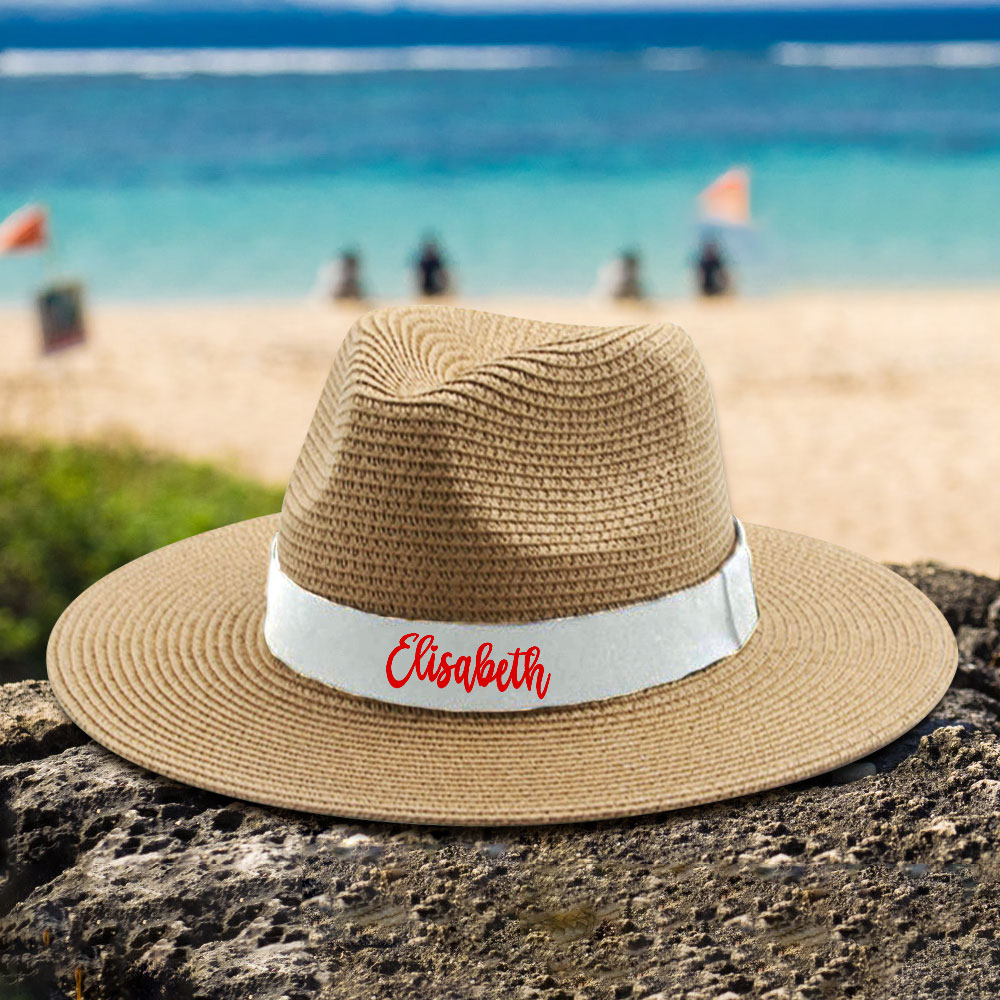 Personalized Straw Fedora Hat with White Band Custom Beach Hat Gift for Bridesmaid Friends Family Bachelorette Party