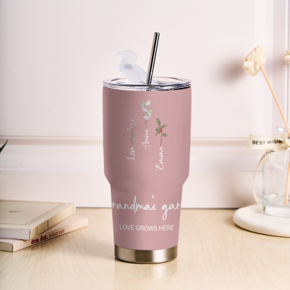 Custom 30oz Insulated Tumbler with Watercolor Birth Flower Name Text – Perfect Birthday Gift for Mom or Grandma