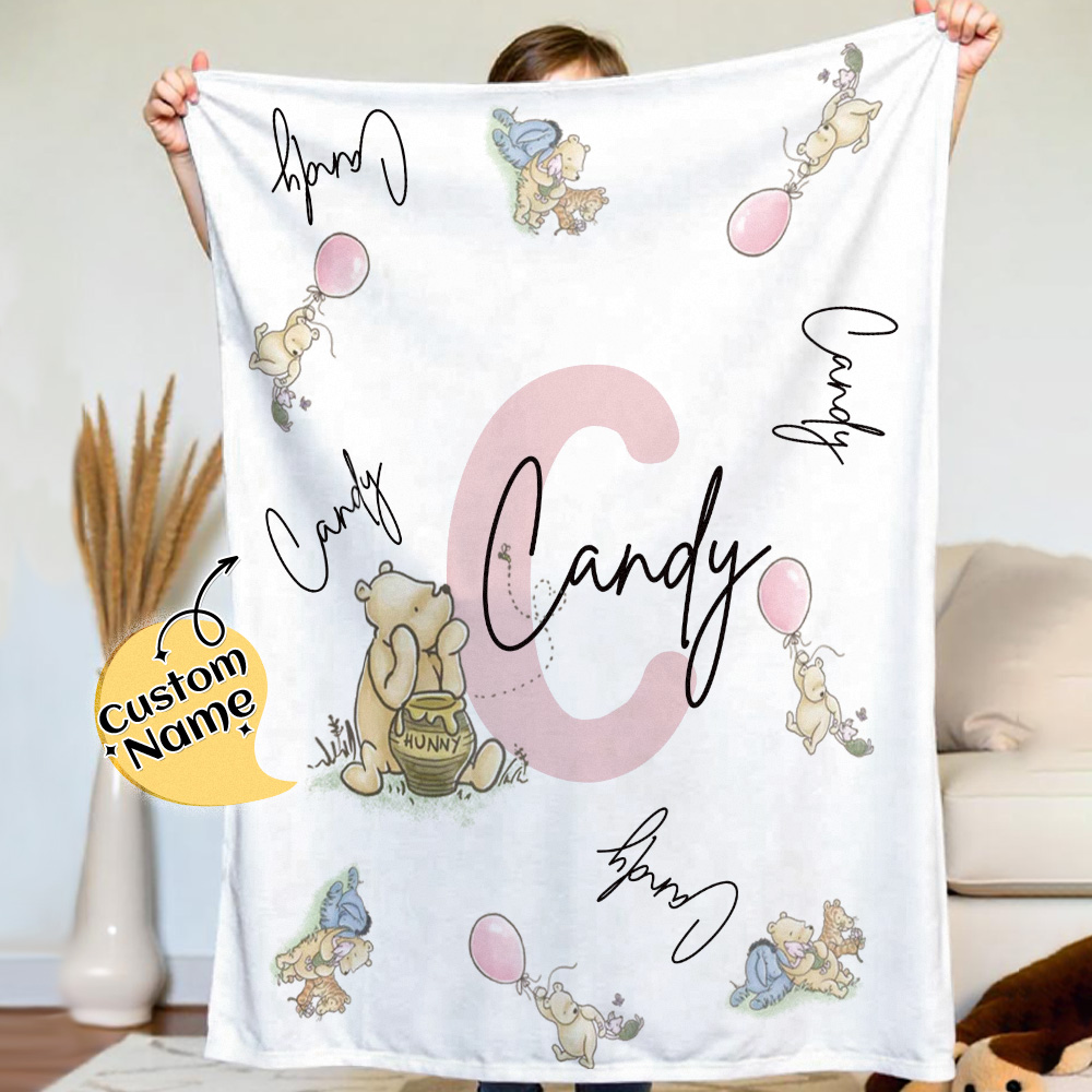 Personalized Winnie the Pooh Throw Blanket with Name Nursery Decor Birthday Baby Shower Gift for Kids