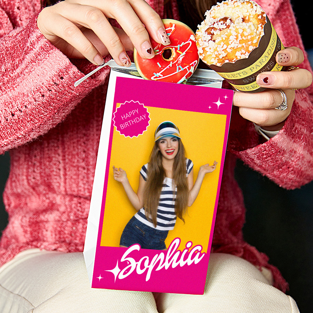Personalized Treat Bag with Photo Name Snack Bag Birthday Party Favor Gift for Girl