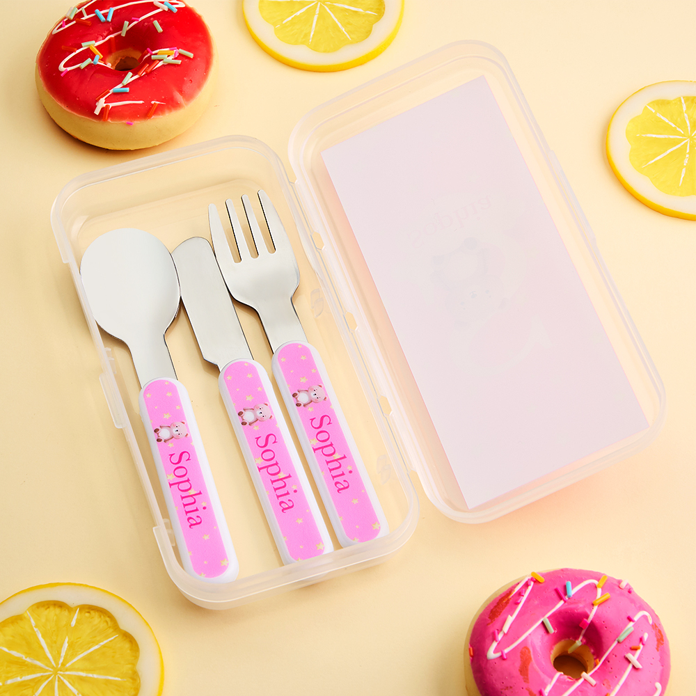 Personalized Kid’s Cutlery Set Cartoon Animal Fork Spoon Knife 3 Pcs Birthday Gift for Kids