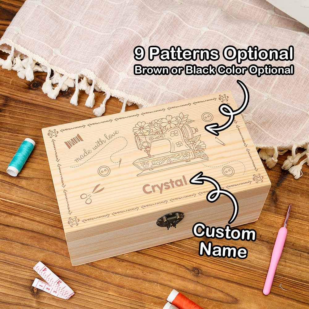 Personalized Sewing Machine Pattern Wooden Storage Box Gift for Seamstress Sewing Enthusiast