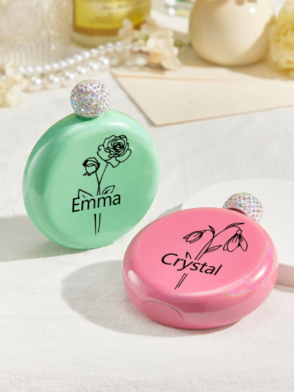 Personalized Birth Flower Round Flasks with Name 5oz Glitter Flask Wedding Birthday Gift for Her