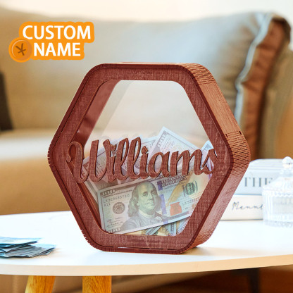 Custom Hexagonal Wood Piggy Bank with Name