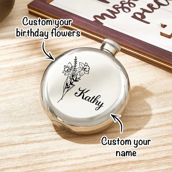 Personalized Name Flask with Birth Flower Custom Flask Gift for Bridesmaid Bachelorette Friends