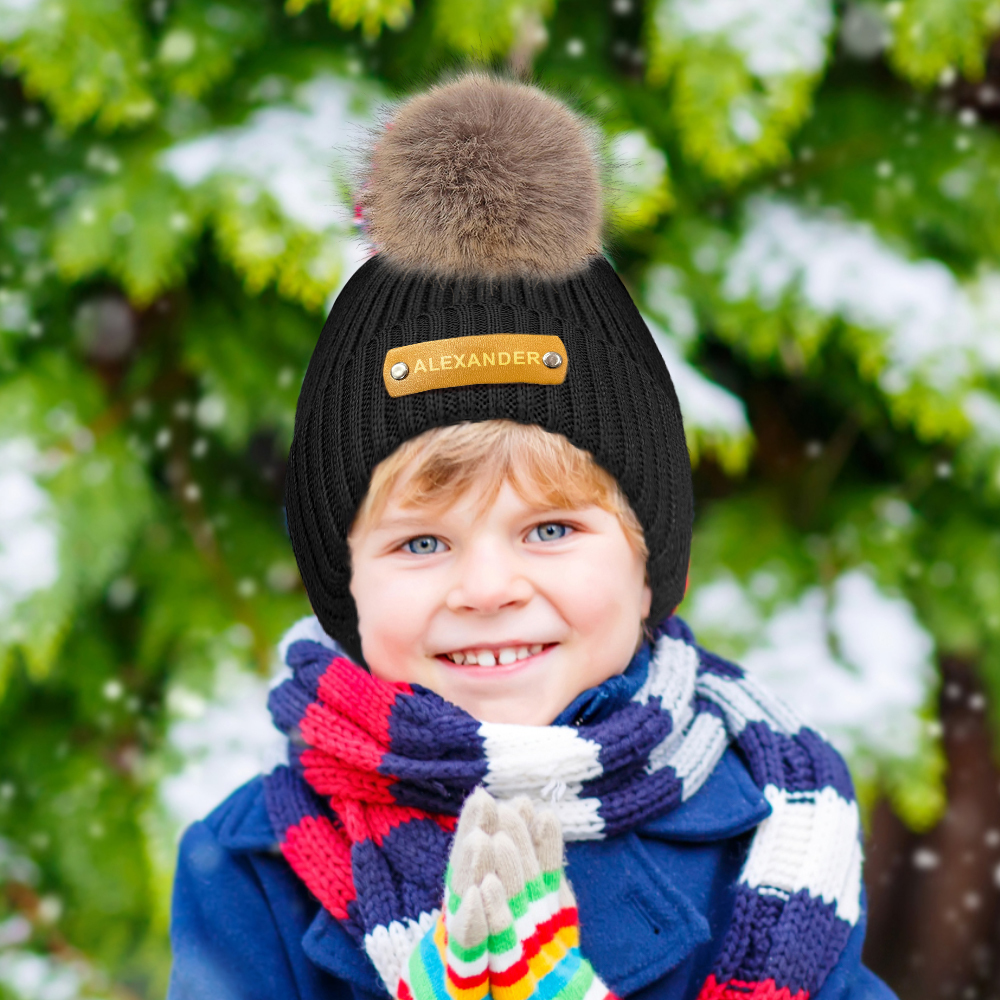 Personalized Leather Patch Beanie Custom Name Newborn Kids Winter Hat