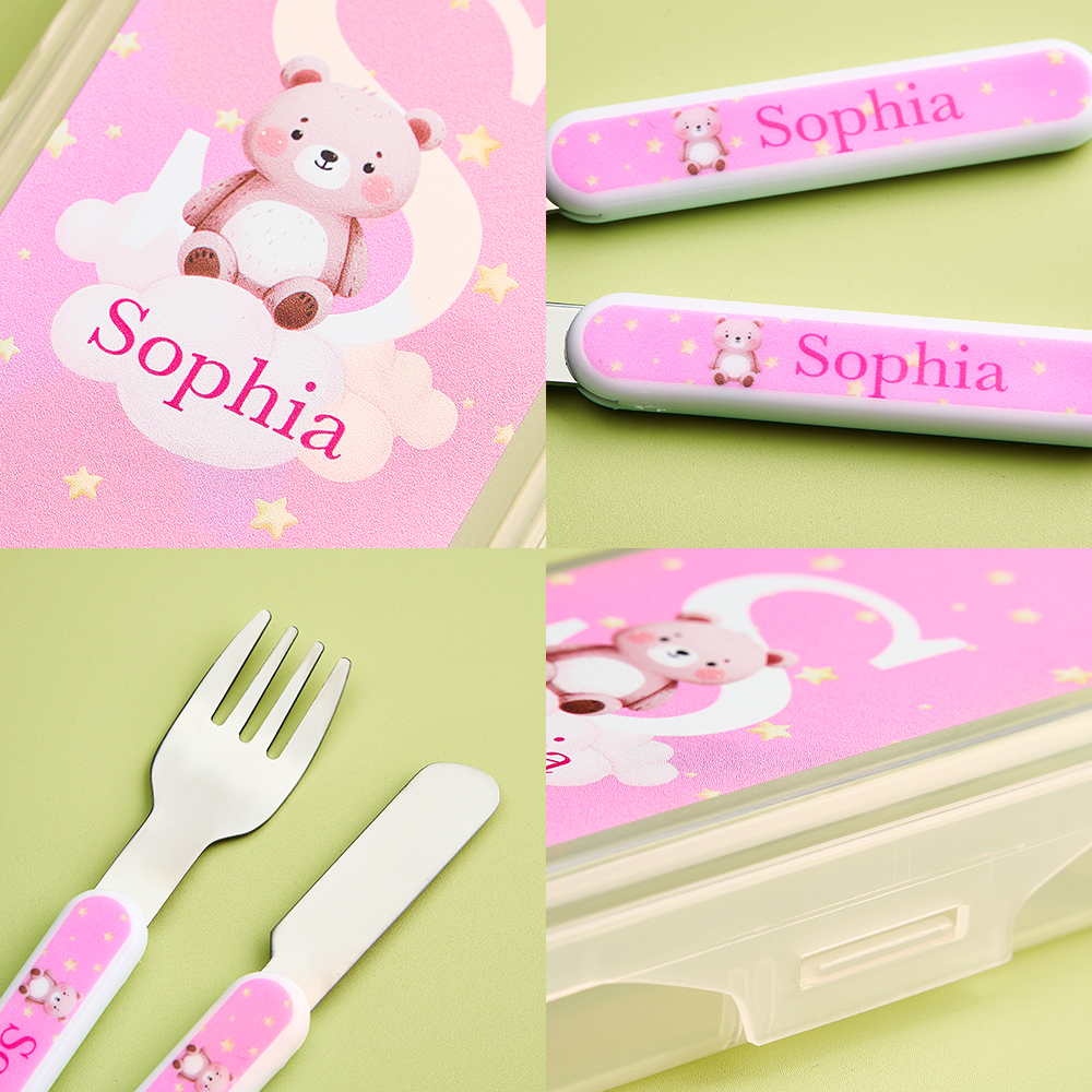 Personalized Kid’s Cutlery Set Cartoon Animal Fork Spoon Knife 3 Pcs Birthday Gift for Kids