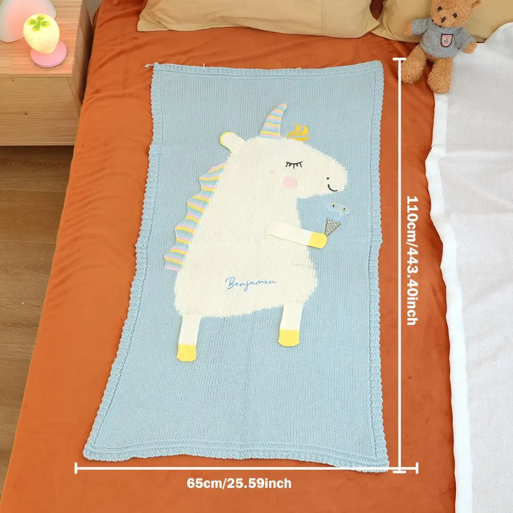 Personalized Knitted Blanket Unicorn Blanket with Embroidered Name Gift for Baby