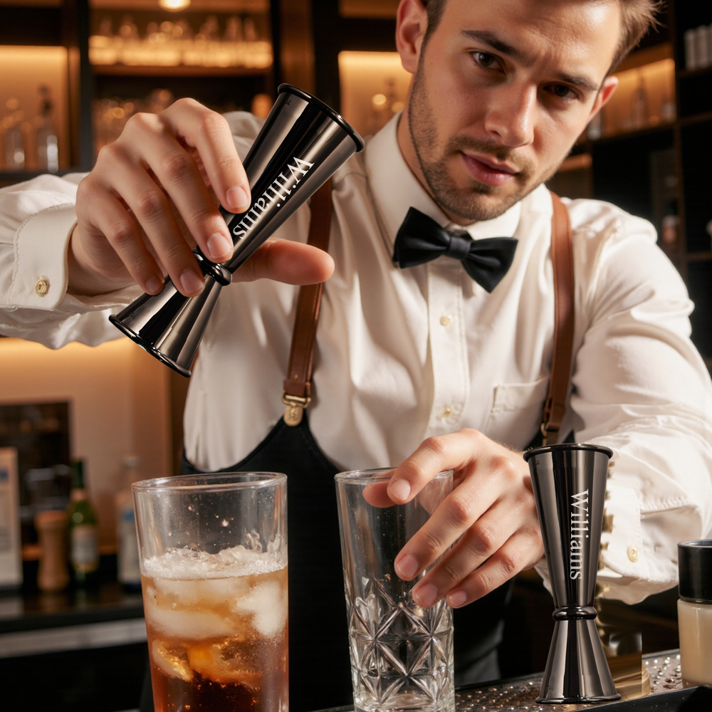 Personalized Engraved Text Stainless Steel Cocktail Jigger Measurements Gift for Bartender