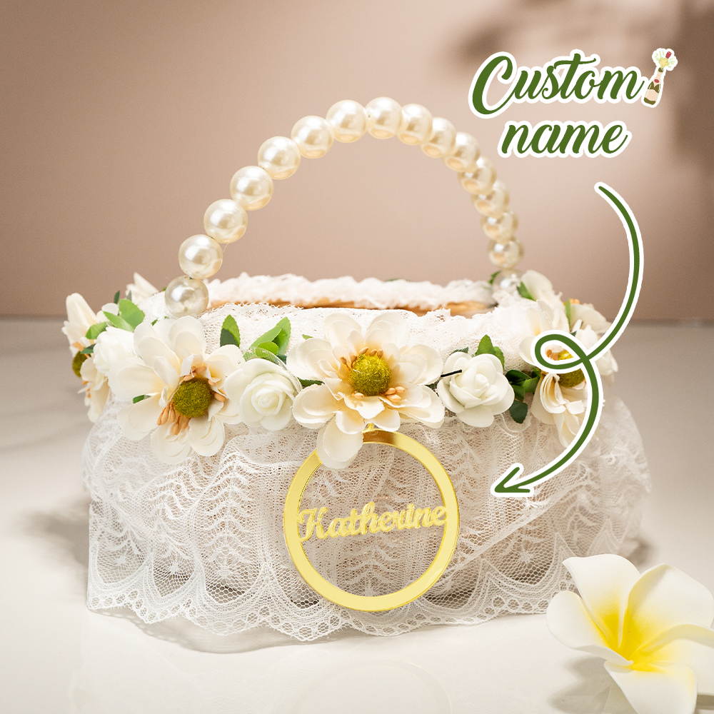 Personalized Handmade Flowers Wreath Rattan Flower Girl Basket with Name and Pearl Handle Wedding Ceremony Gift