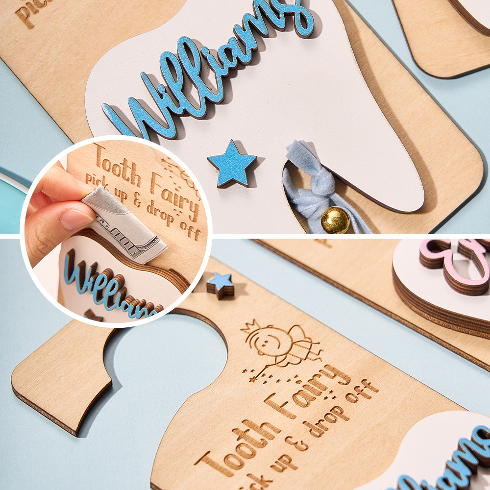 Personalized Tooth Fairy Door Hanger with Money Slot and Velvet Pouch Birthday Gift for Kids