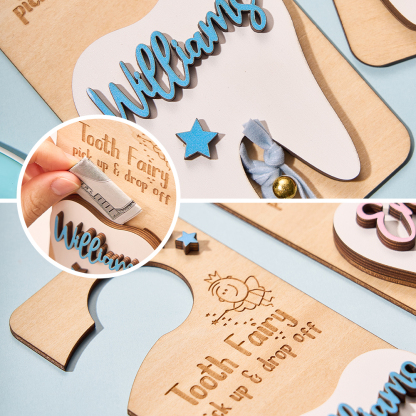 Personalized Tooth Fairy Door Hanger with Money Slot and Velvet Pouch Birthday Gift for Kids