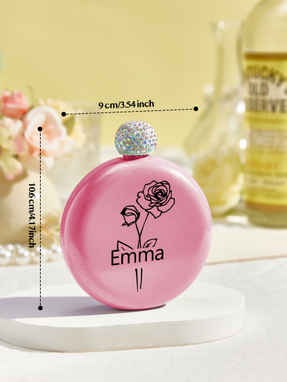 Personalized Birth Flower Round Flasks with Name 5oz Glitter Flask Wedding Birthday Gift for Her