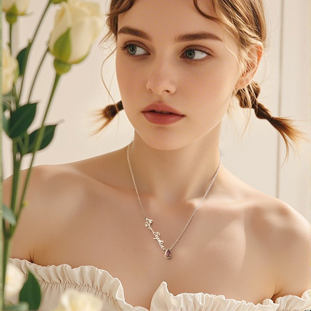 Personalized Birth Flower Birthstone Necklace with Name Necklace Jewelry Gift for Her