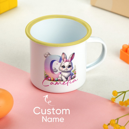 Personalized Easter Bunny Enamel Mug with Name Gradient Initial 12oz Cup Easter Gift for Kids