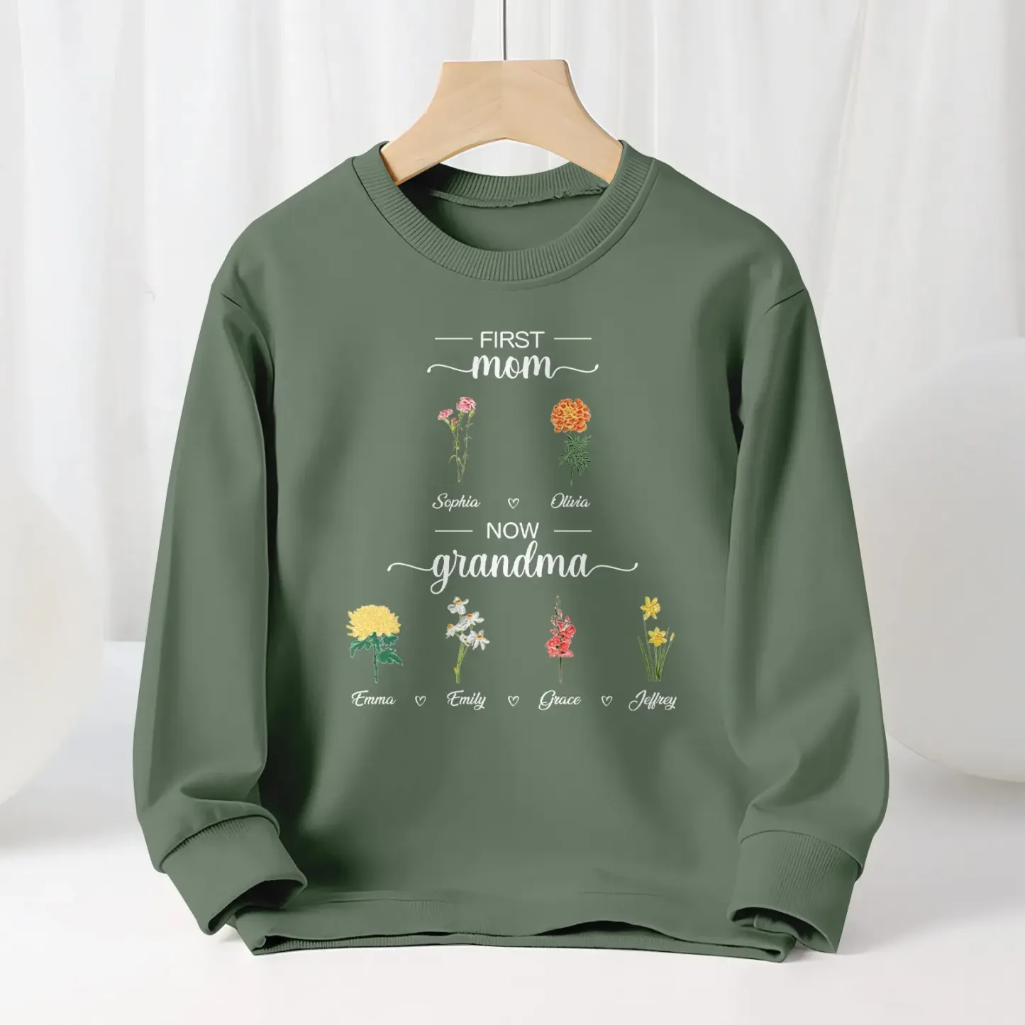 Personalized First Mom Now Grandma Sweatshirt Custom Birth Flowers Sweatshirts for Mother's Day Gift
