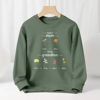 Personalized First Mom Now Grandma Sweatshirt Custom Birth Flowers Sweatshirts for Mother's Day Gift