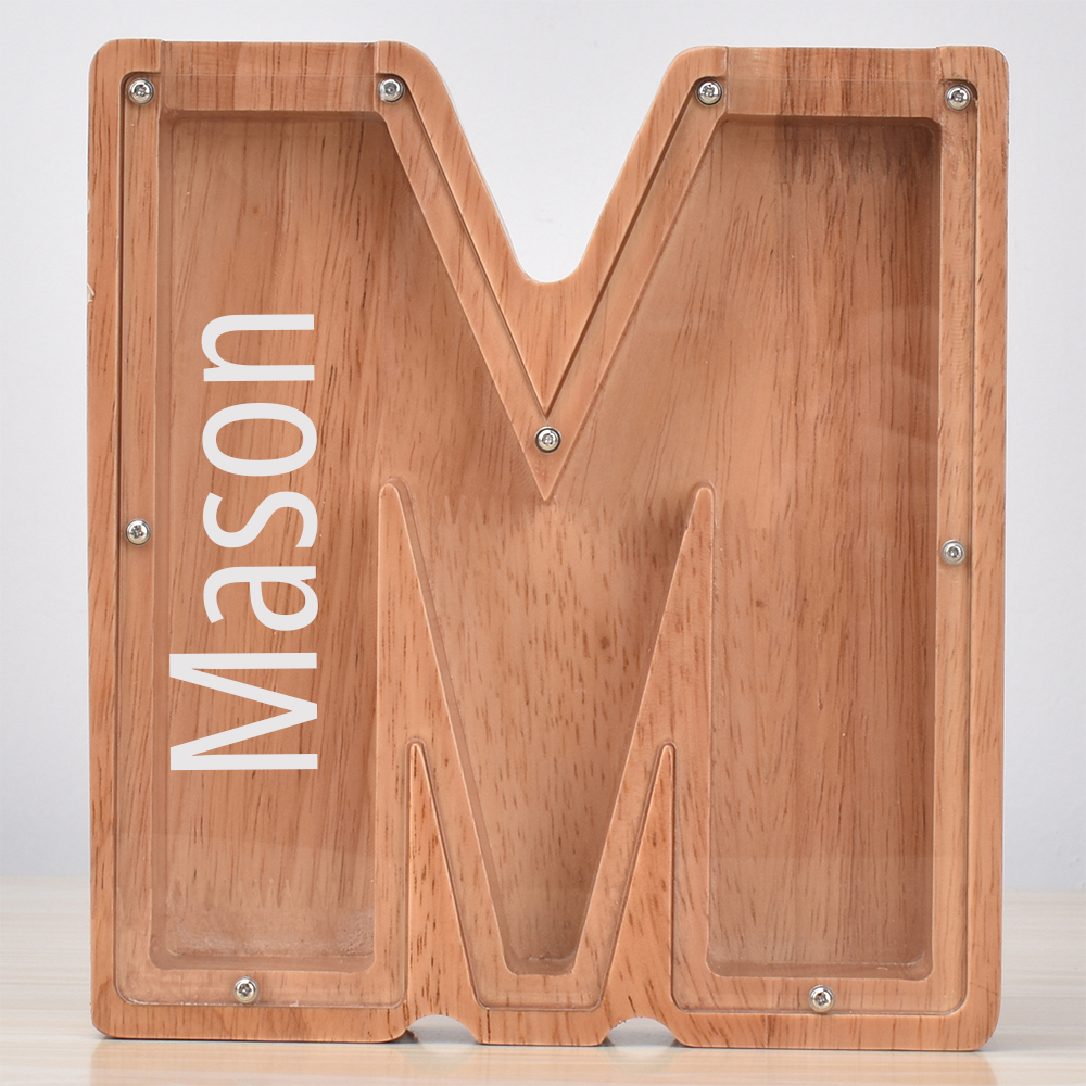 Custom Engraved Name Oak Wooden Letter Piggy Bank