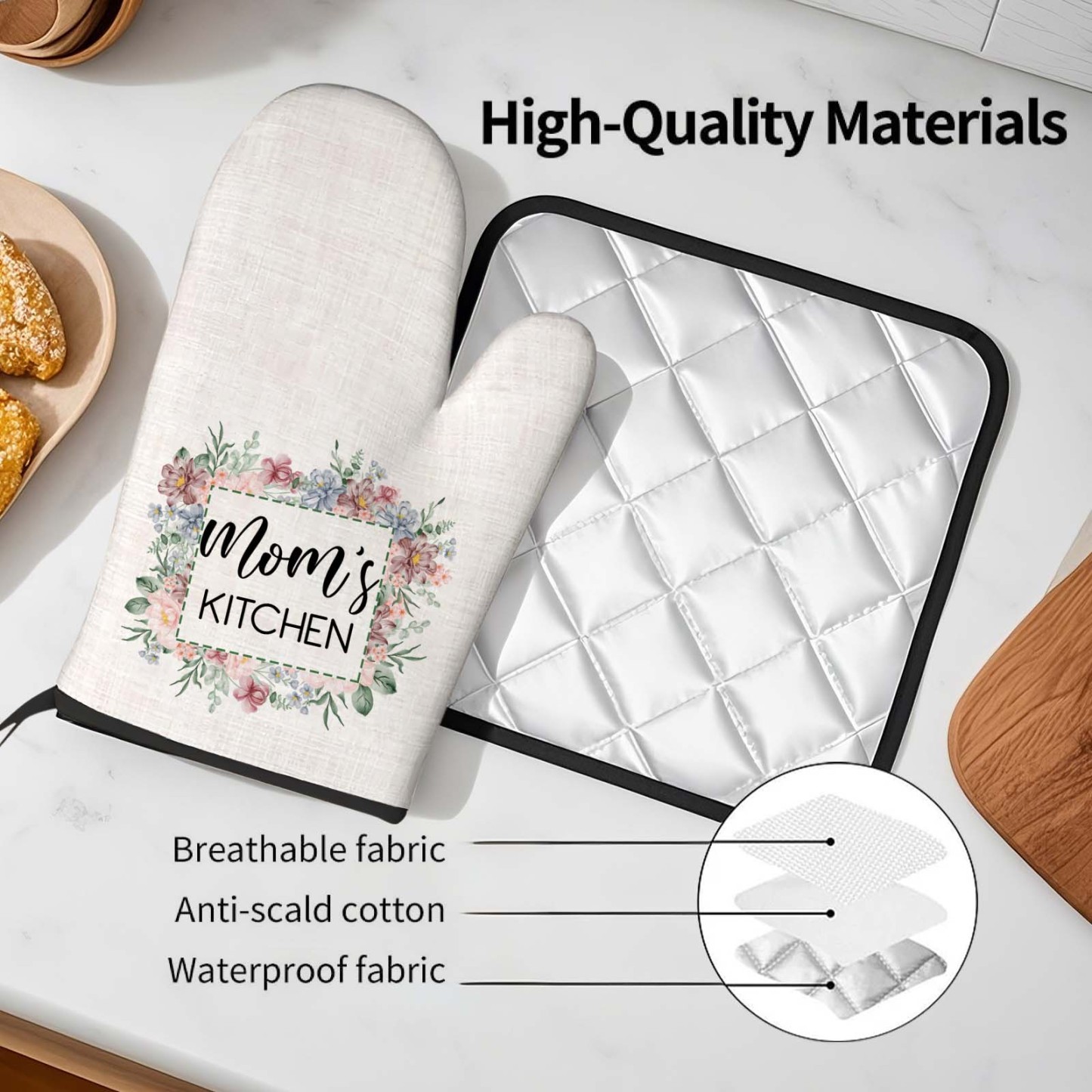 Personalized Flower Insulation Oven Mitt and Pot Holder Set with Text Kitchen Decor Gift for Mom