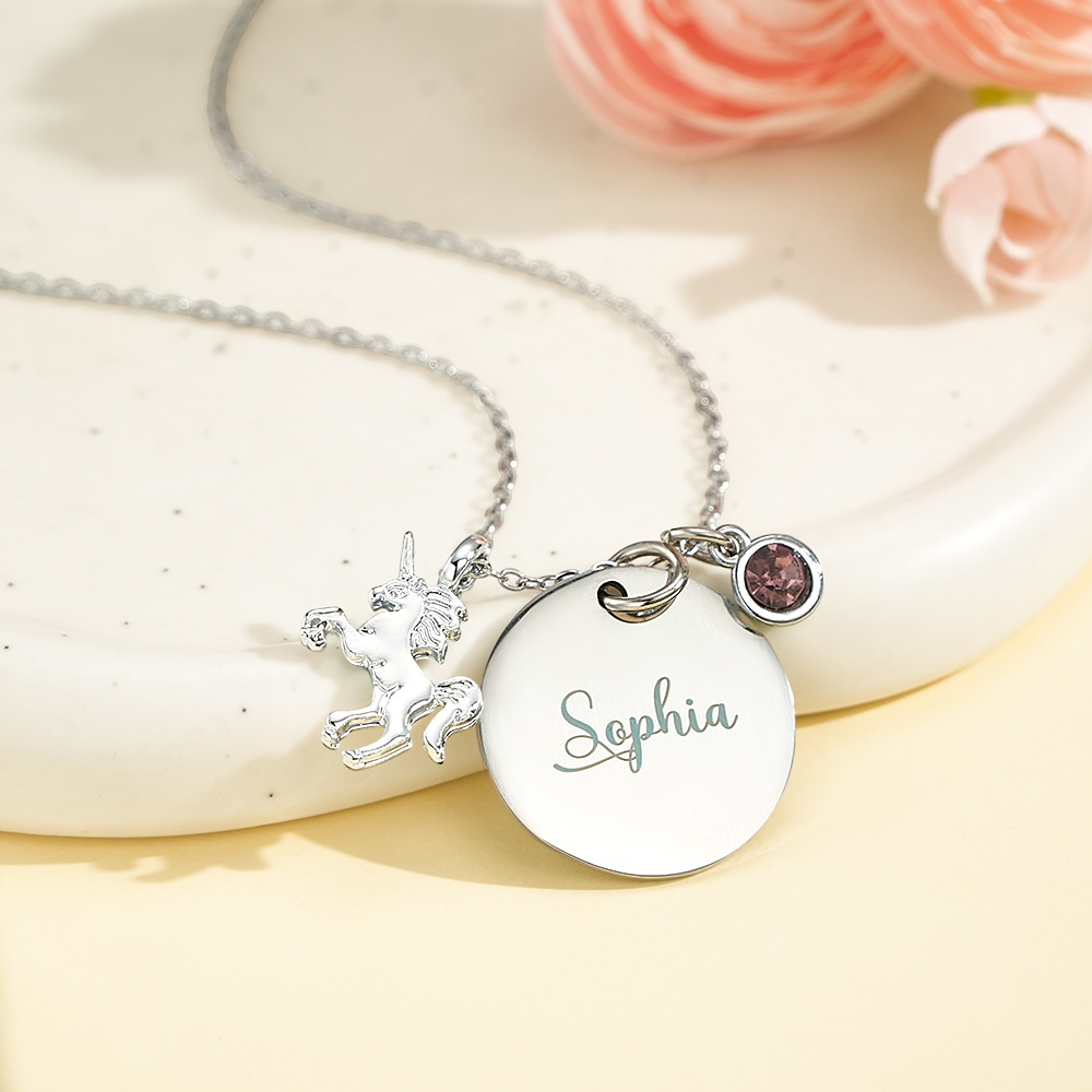 Personalized Unicorn Necklace with Birthstone Name Necklace Birthday Gift for Girls
