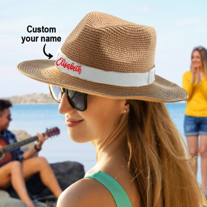 Personalized Straw Fedora Hat with White Band Custom Beach Hat Gift for Bridesmaid Friends Family Bachelorette Party