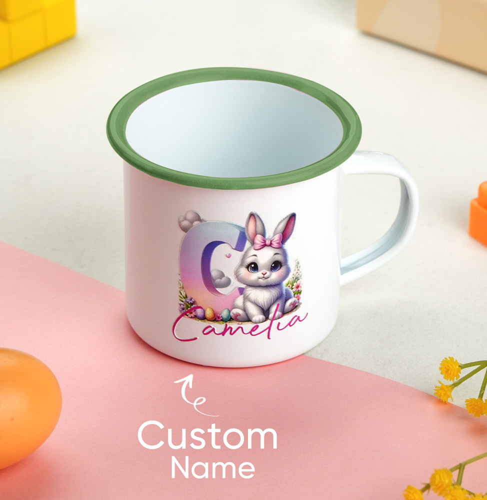 Personalized Easter Bunny Enamel Mug with Name Gradient Initial 12oz Cup Easter Gift for Kids