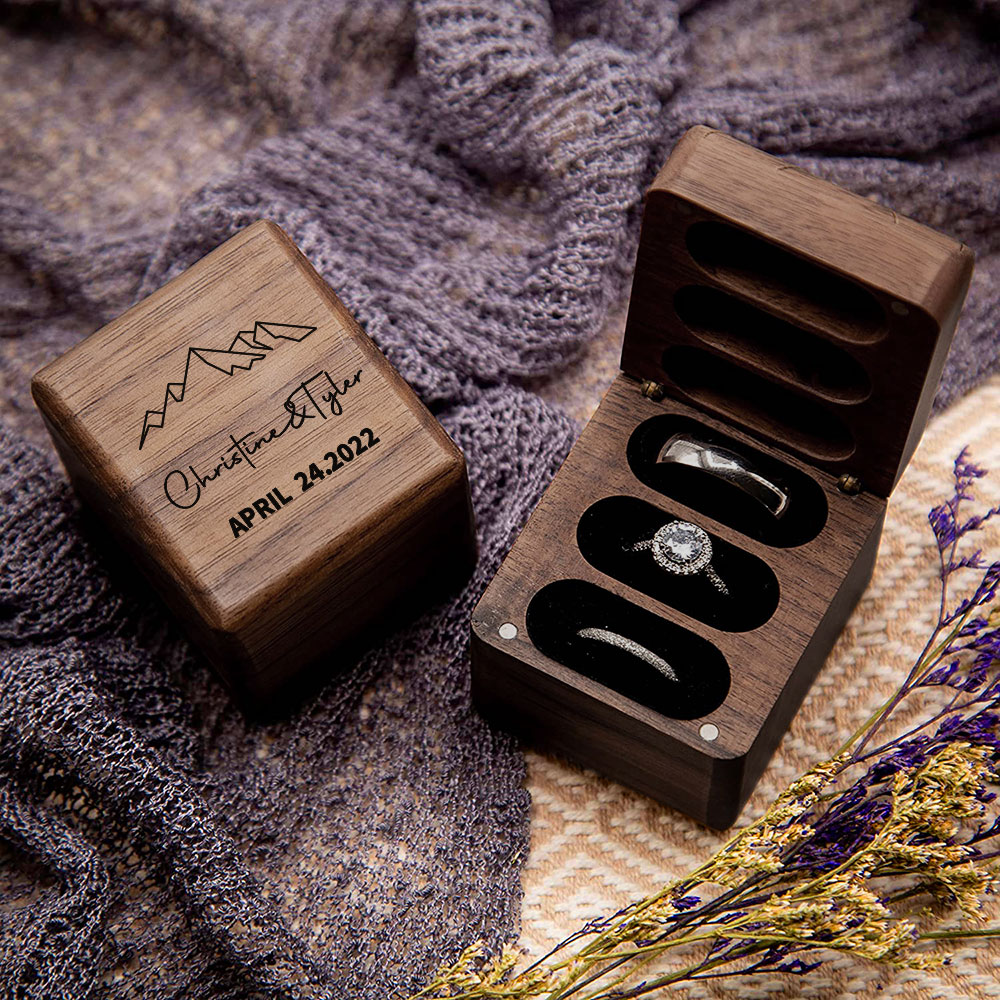 Personalized Triple Slot Ring Storage Wedding Engagement Proposal Wood Ring Box
