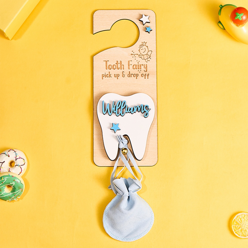 Personalized Tooth Fairy Door Hanger with Money Slot and Velvet Pouch Birthday Gift for Kids