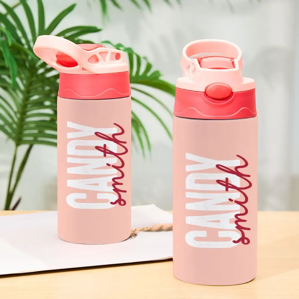 Personalized Name 12oz Water Bottle with Silicone Straw Water Bottle Birthday Gift for Kids