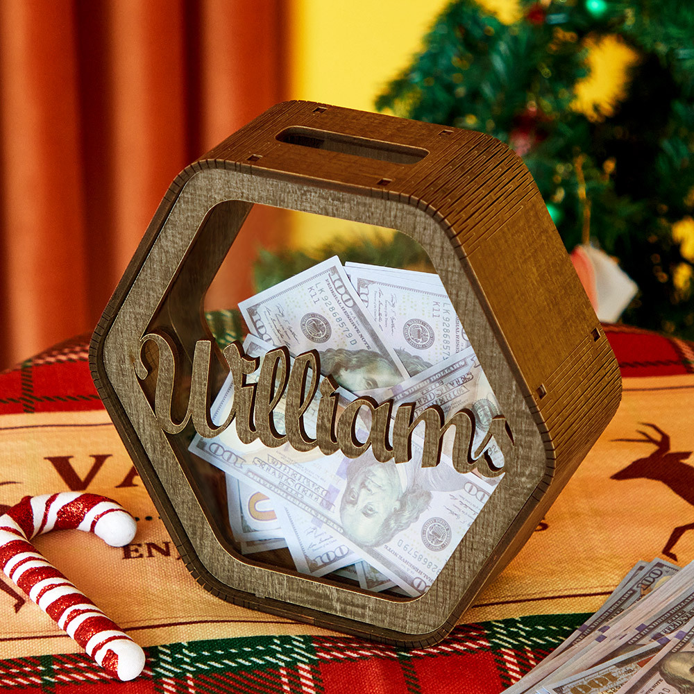Custom Hexagonal Wood Piggy Bank with Name