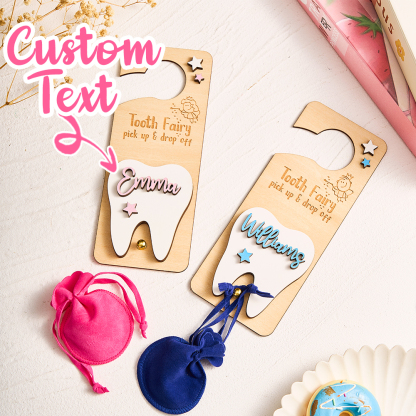 Personalized Tooth Fairy Door Hanger with Money Slot and Velvet Pouch Birthday Gift for Kids