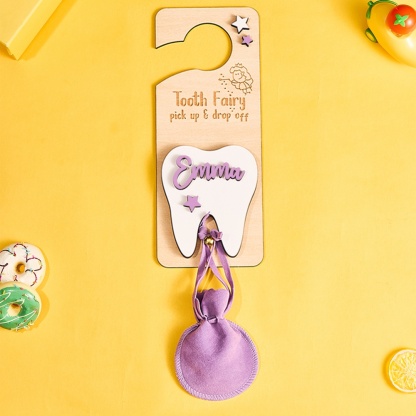 Personalized Tooth Fairy Door Hanger with Money Slot and Velvet Pouch Birthday Gift for Kids