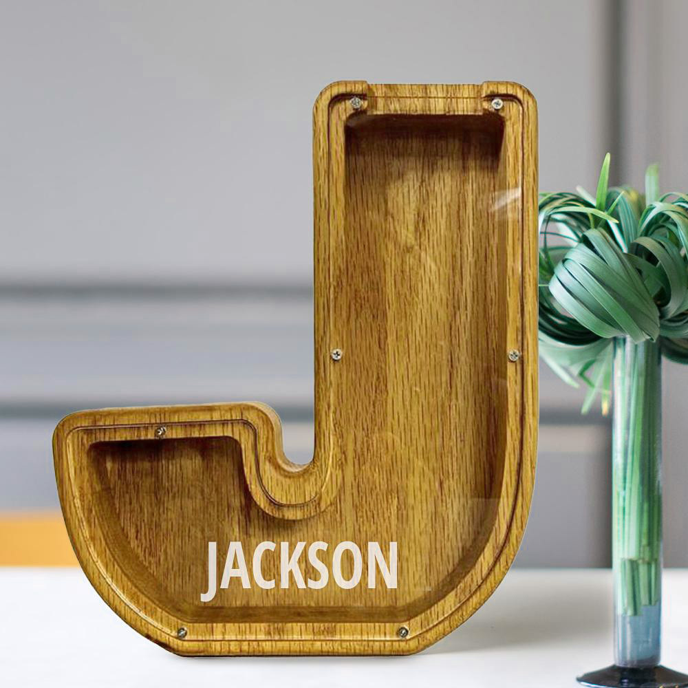 Personalized 26 Letters Piggy Bank Custom Name Wooden Money Box - Tung Wood