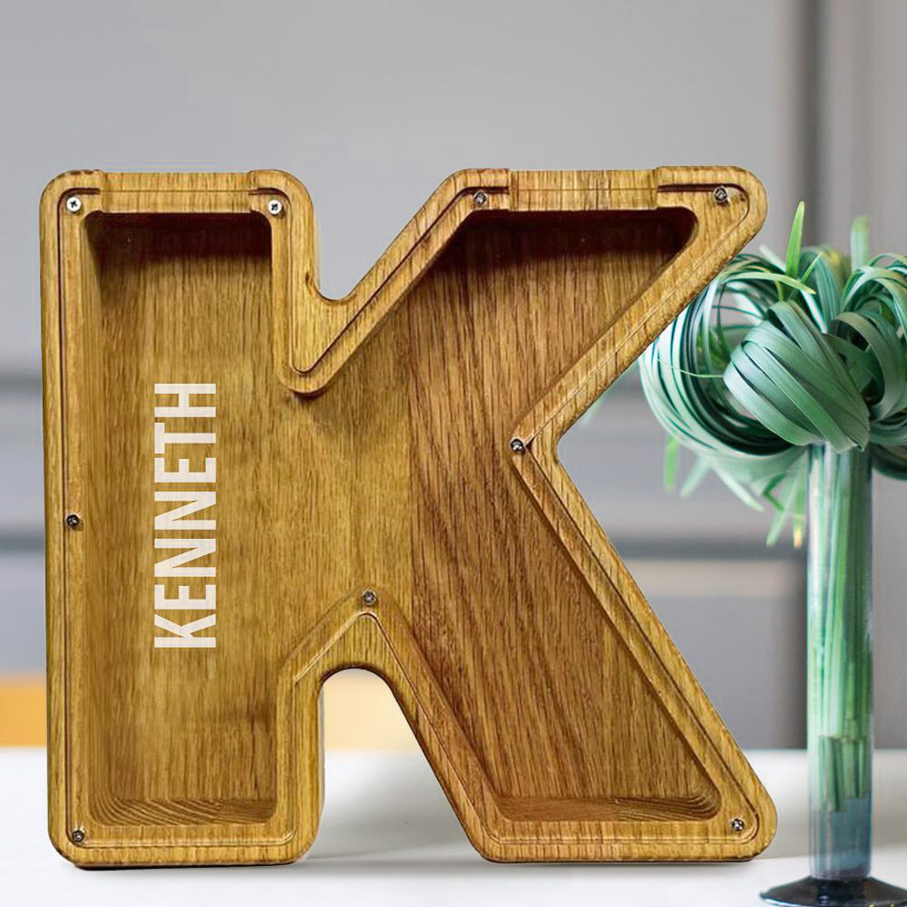 Personalized 26 Letters Piggy Bank Custom Name Wooden Money Box - Tung Wood