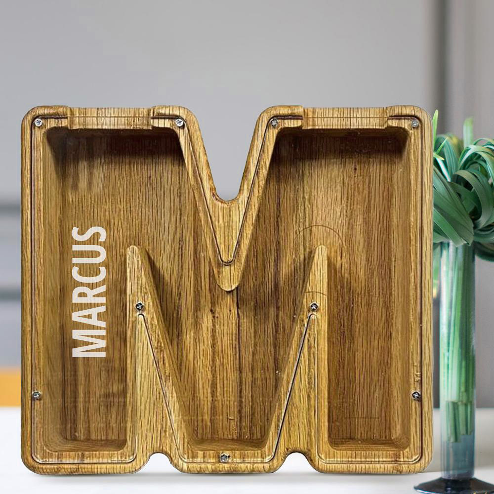 Personalized 26 Letters Piggy Bank Custom Name Wooden Money Box - Tung Wood