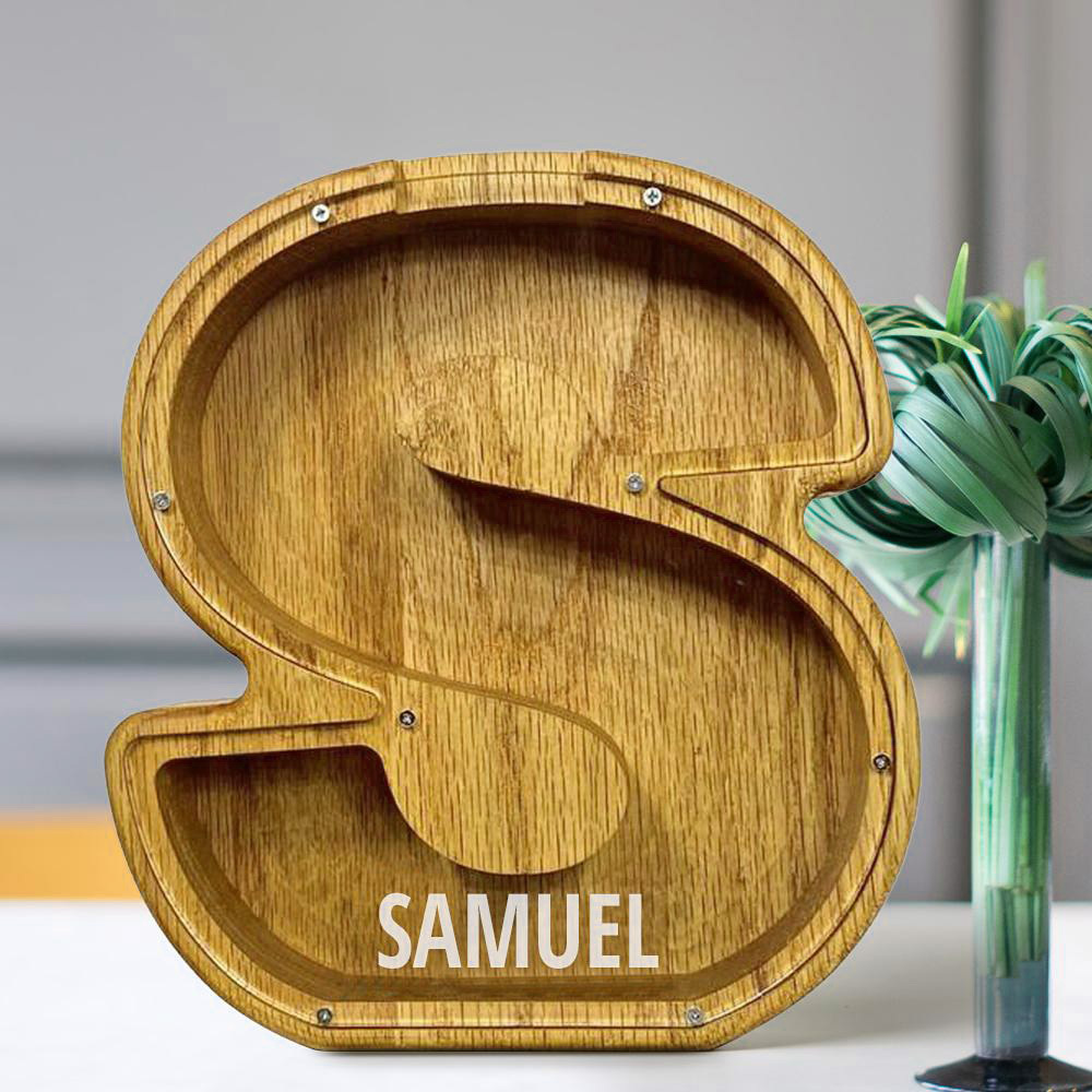 Personalized 26 Letters Piggy Bank Custom Name Wooden Money Box - Tung Wood