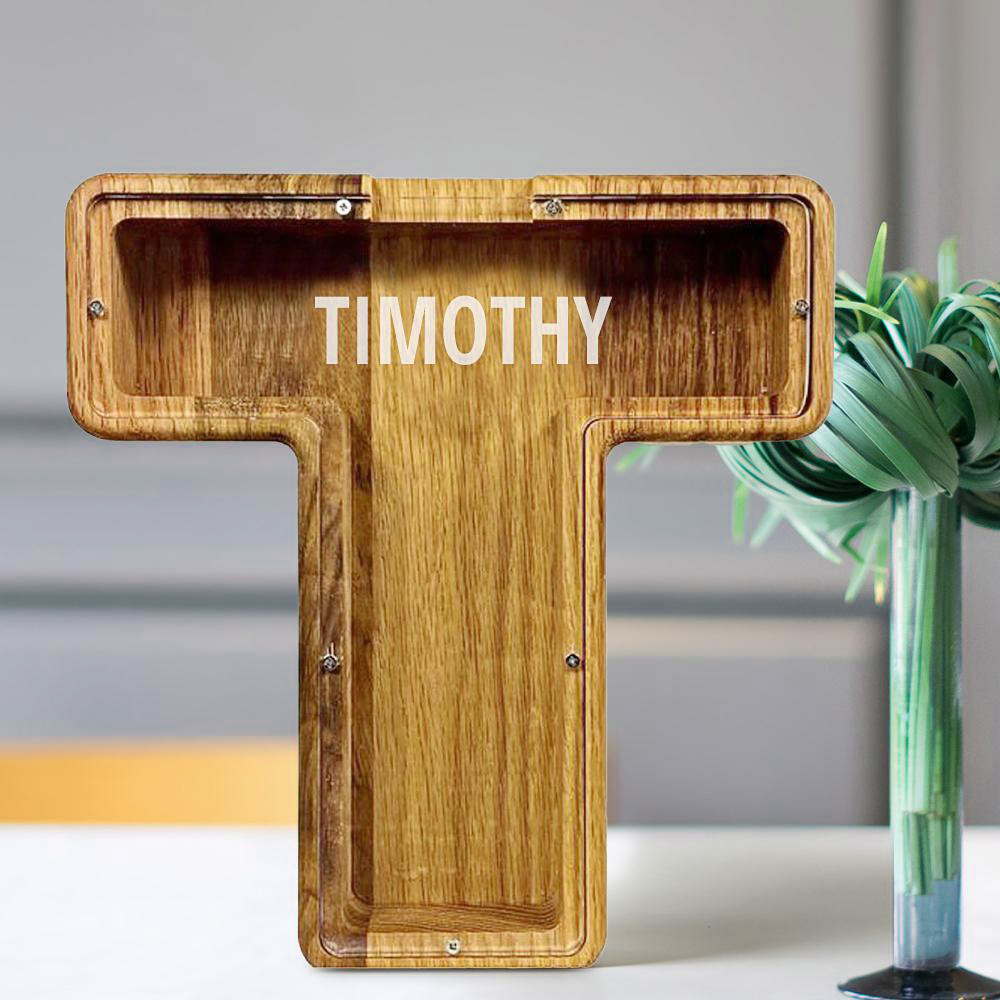 Personalized 26 Letters Piggy Bank Custom Name Wooden Money Box - Tung Wood