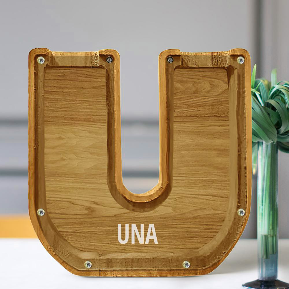 Personalized 26 Letters Piggy Bank Custom Name Wooden Money Box - Tung Wood