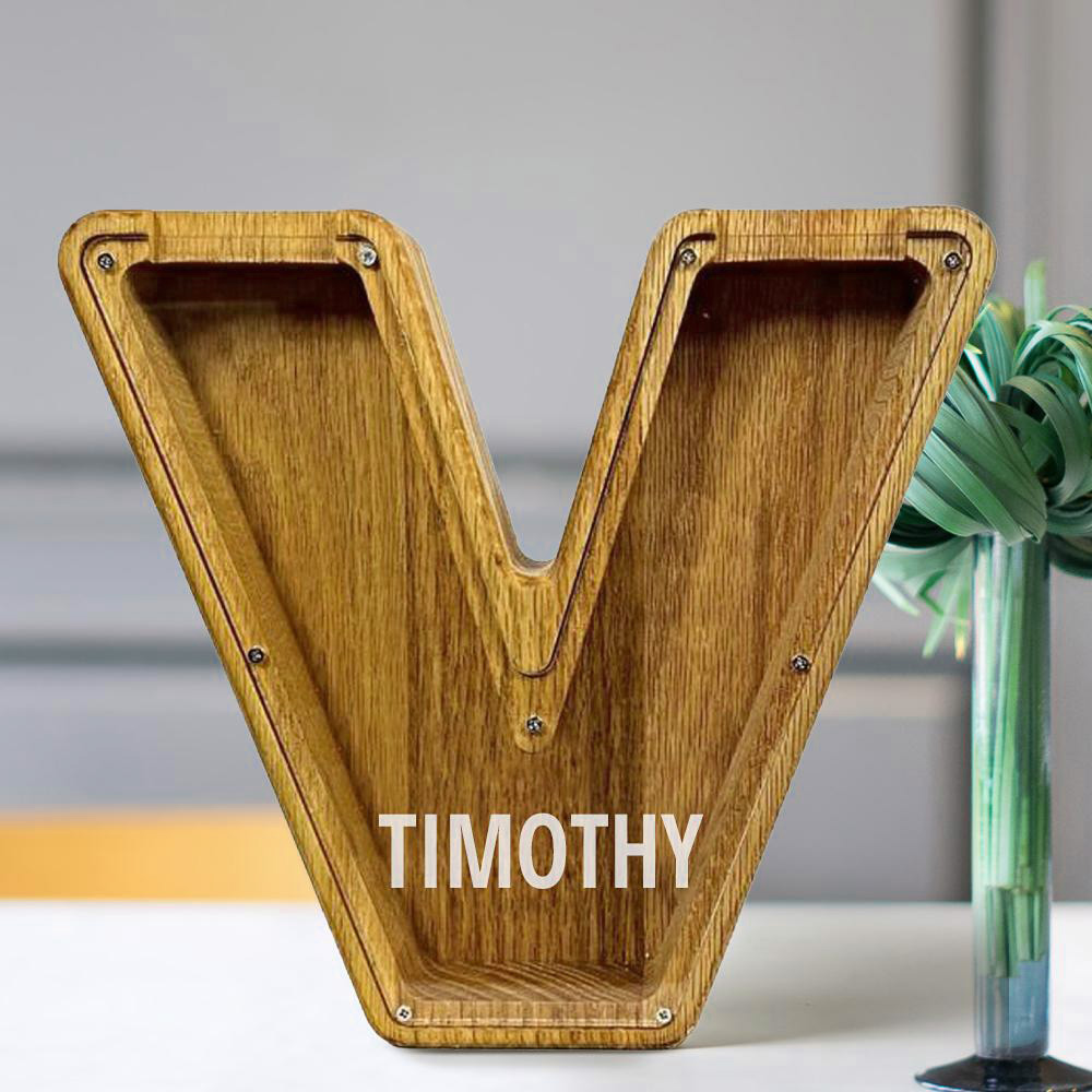 Personalized 26 Letters Piggy Bank Custom Name Wooden Money Box - Tung Wood