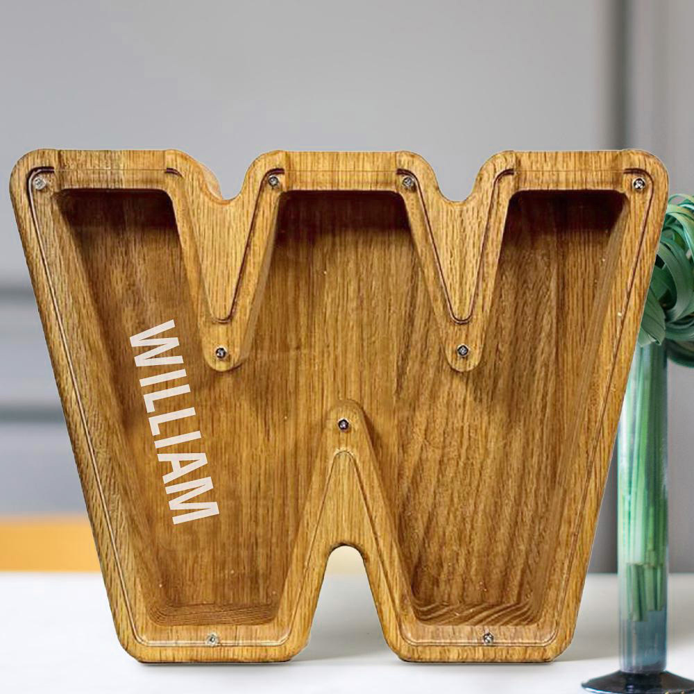 Personalized 26 Letters Piggy Bank Custom Name Wooden Money Box - Tung Wood