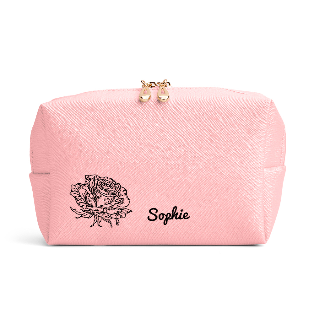 Personalized Birth Flower Makeup Bag Large Capacity Leather Cosmetic B