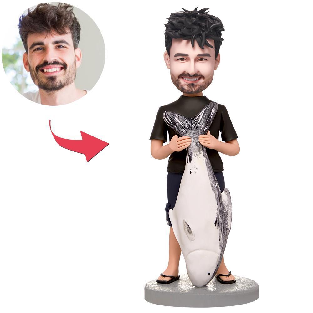 Custom Fishing Man With Big Fish Bobbleheads With Engraved Text