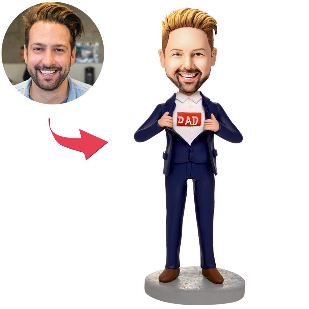 Custom Business Blue Suit Super Dad Superhero Bobbleheads With Engraved Text
