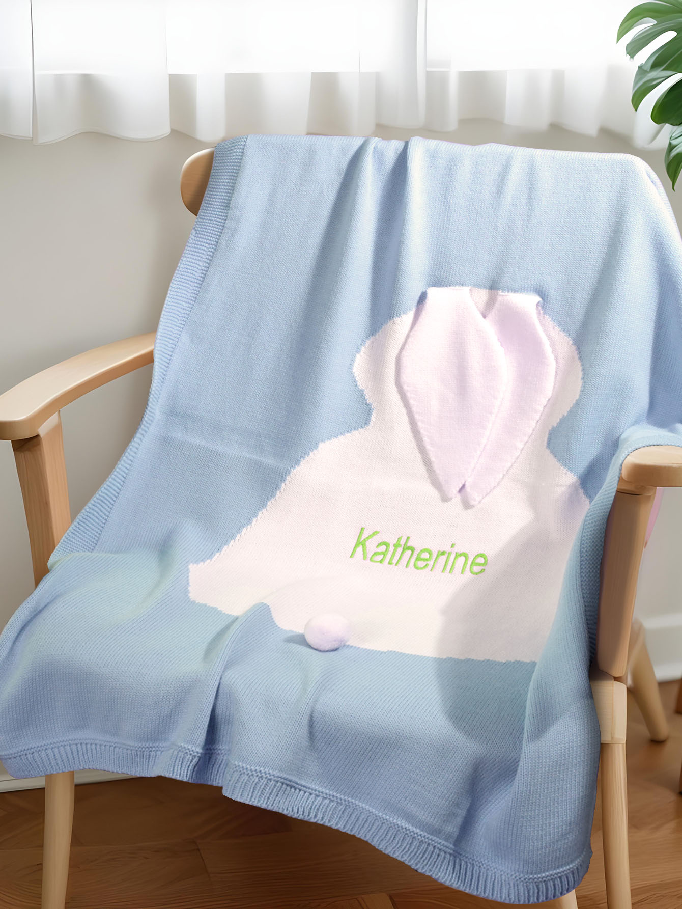 Personalized Knitted Blanket Bunny Blanket with Embroidered Name Gift for Baby