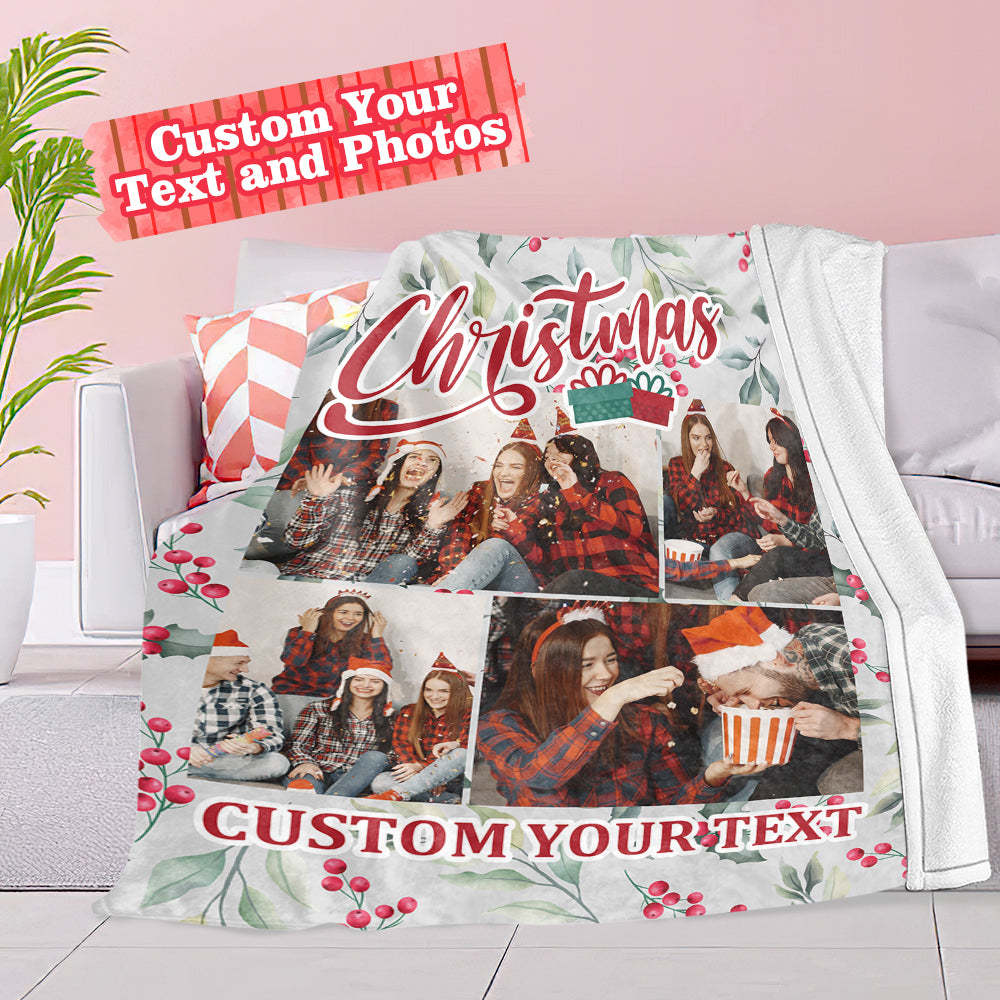 Personalized Collage Photo Christmas Flannel Blanket with Text