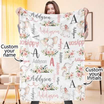 Custom Floral Cute Elephant Blanket with Name Christmas Birthday Baby Shower Gift for Baby Kid Family