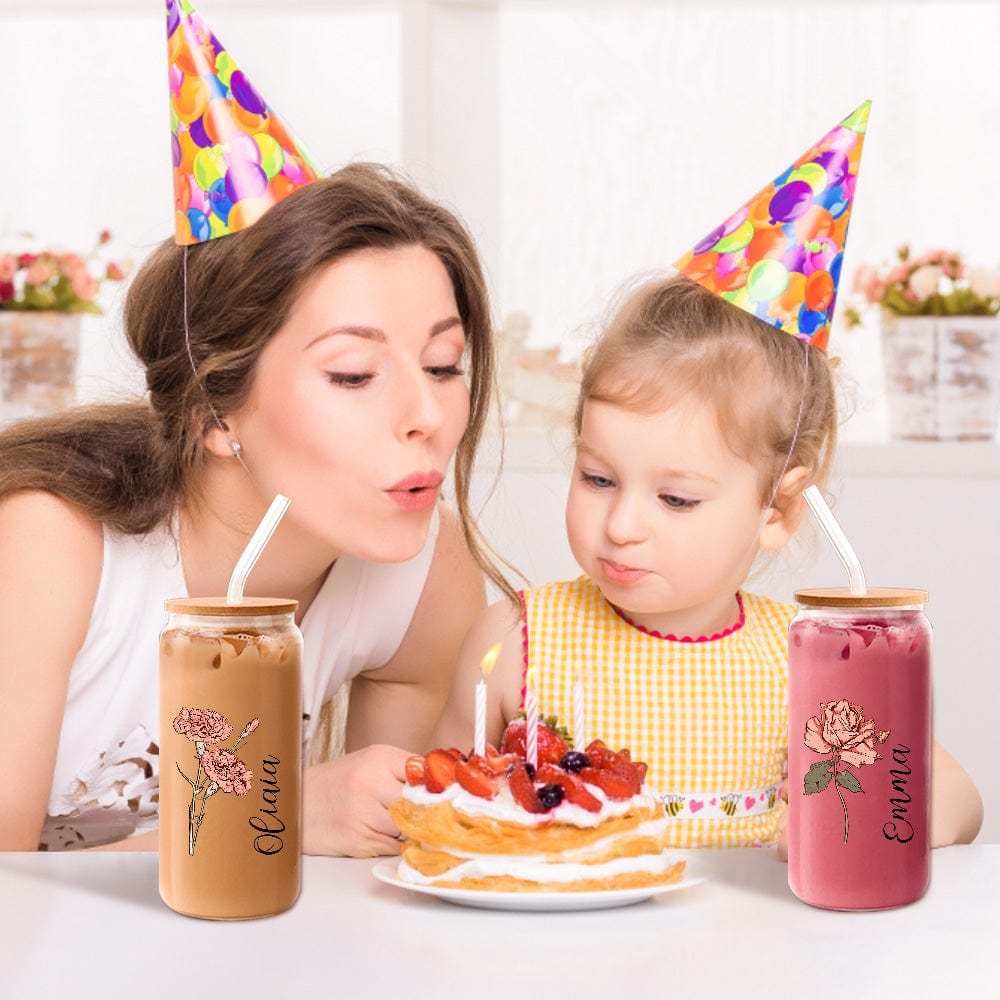 Personalized Name Can Glass with Colorful Birth Flower Custom Can Glass with Straw Gift for Mother Friends Family Bridesmaid